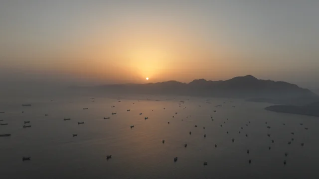 Vessels anchored at the Strait of Hormuz, viewed from Musandam, Oman
