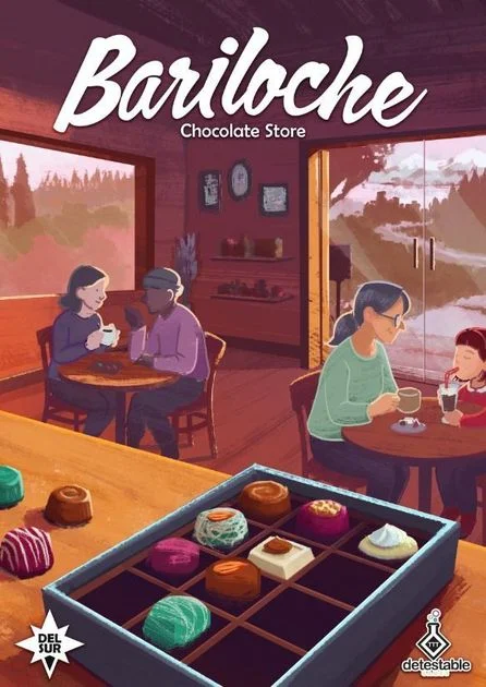 Bariloche cover art showing a chocolate-shop interior and a tray of assorted chocolates.