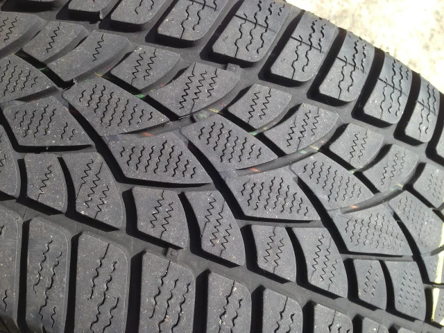 Close-up of the block and zigzag tread pattern of a winter tyre