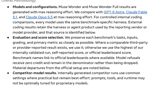 Model card overall methodology bullets stating the score selection rule and the best-effort competitor caveat