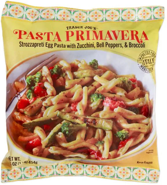 Trader Joe's Pasta Primavera frozen package with strozzapreti, zucchini, bell peppers, and broccoli pictured on the front