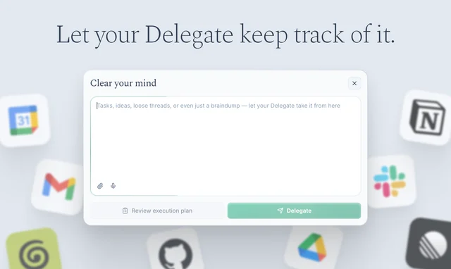 Yutori Delegate 任务输入界面,展示与 Google Calendar、Gmail、Slack、Notion 等应用的集成,标语为「Let your Delegate keep track」