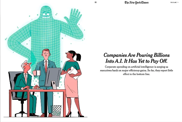 Illustration showing companies investing in AI while waiting for economic returns