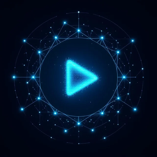Glowing blue play-triangle icon built from particles, surrounded by two rings of connected nodes against a deep navy background — the OpenMontage project logo