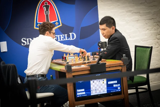 Fabiano Caruana and Wesley So at the board, Sinquefield Cup round 3