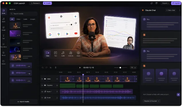 CoAnimator 官网展示的真实 Studio 工作区，包含媒体栏、视频舞台、时间线和 Claude Chat
