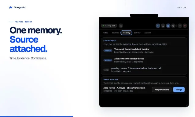 ShogunAI 的 Memory 界面,显示带来源和置信度的工作记忆