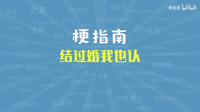 梗指南片头:蓝色放射背景上浮着一层层浅色的旧梗名,正中是白色「梗指南」三个大字,下方黄色大字写着「结过婚我也认」