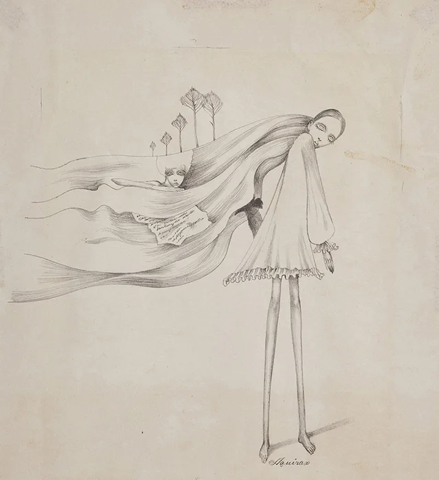 铅笔线描原画：一个长发少女侧身站着，头发向后飘成长长的带子，带子上浮着另一张小脸和几棵树