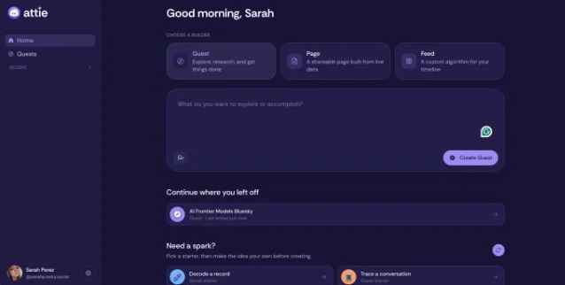 Attie's interface with separate Quests, Pages, and Feed entry points