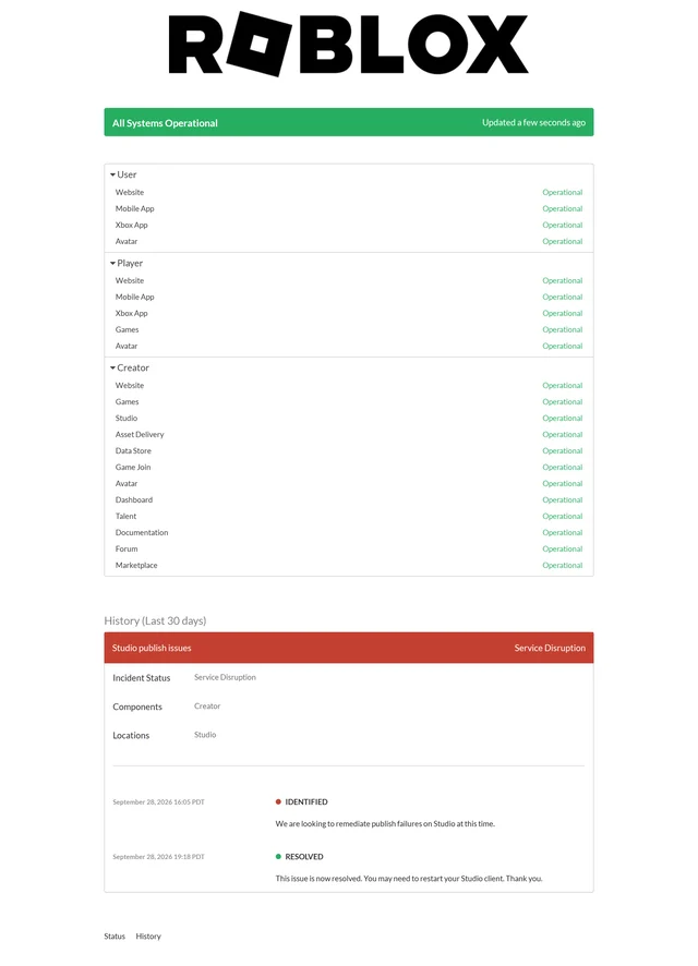 Roblox's status page showing the Studio publish incident, its identified and resolved timestamps, and the resolution note