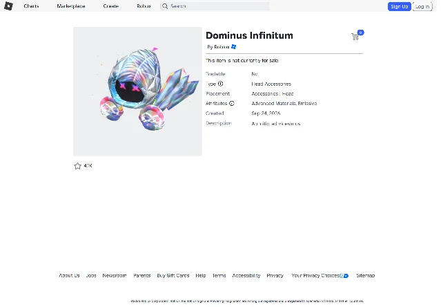 Roblox's catalogue page for Dominus Infinitum on 28 September 2026, showing no price and no seller