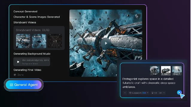 Official Wizstar preview showing a creative agent with generated storyboards, a video result, background music, and a prompt panel