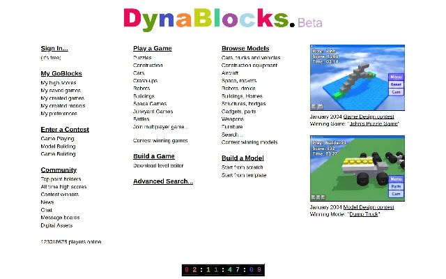 The revived DynaBlocks page as it appeared on the morning of September 17, 2026, with a retro game contest screenshot and a countdown clock