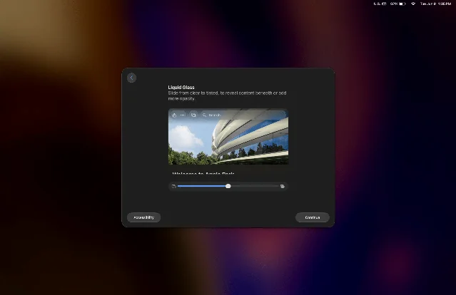 macOS Golden Gate 的 Liquid Glass 透明度滑块界面截图