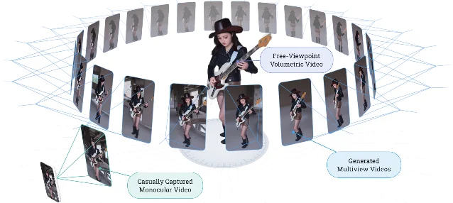 A source monocular video, a ring of generated target views, and a free-viewpoint 4D reconstruction of a person.