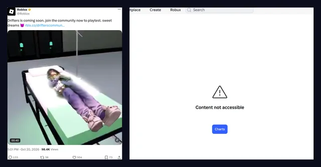On the left, Roblox's announcement post for Drifters with its text above a video frame of a figure asleep on a hospital bed; on the right, the same game's page as a signed-out visitor sees it, a blank screen reading Content not accessible