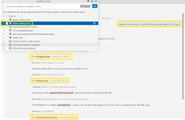 GitHub Copilot in VS Code agent mode calling binlog MCP tools to diagnose a build failure