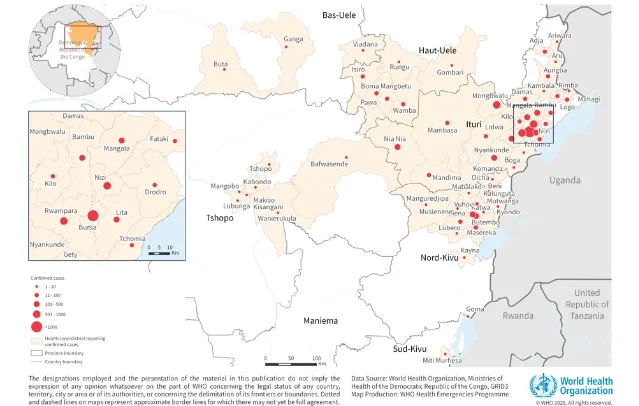 WHO distribution map of confirmed Bundibugyo Ebola cases in DRC