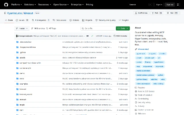 KyaniteLabs/kinocut 仓库首页,顶部导航 Star 155、Fork 38、Issues 12、Pull requests 1,文件列表上方标着 1,503 Commits 与 master 分支最近一次提交 e593881(2 天前)