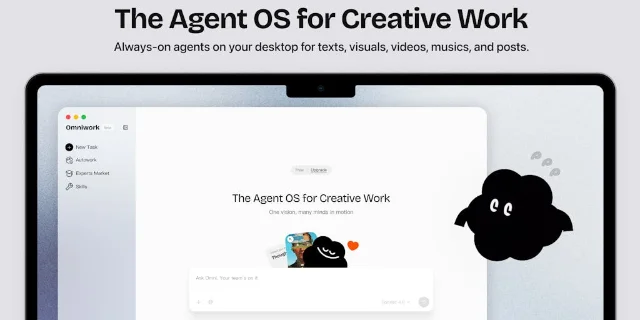 Omniwork's desktop workspace with its task prompt and navigation for New Task, Autowork, Experts Market, and Skills