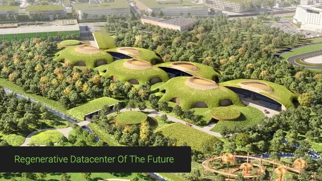 Aerial concept rendering of a green, regenerative data center integrated into a wooded landscape