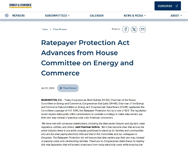 The House Energy and Commerce Committee press release headlined "Ratepayer Protection Act Advances from House Committee on Energy and Commerce", dated July 21, 2026