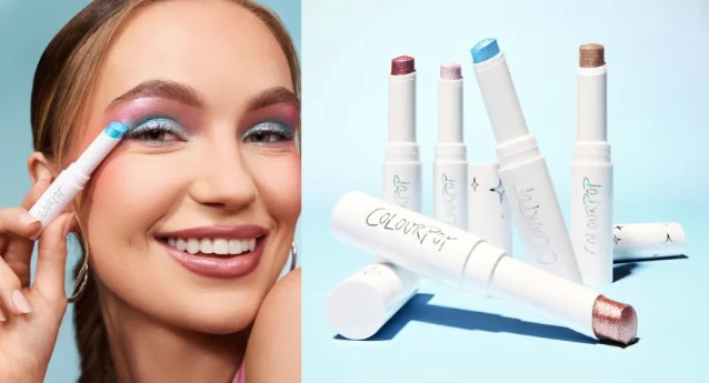 ColourPop Jelly Much Gel Eyeshadow Sticks — model wearing vivid blue and pink eye look on left; five white stick products fanned on light blue background on right