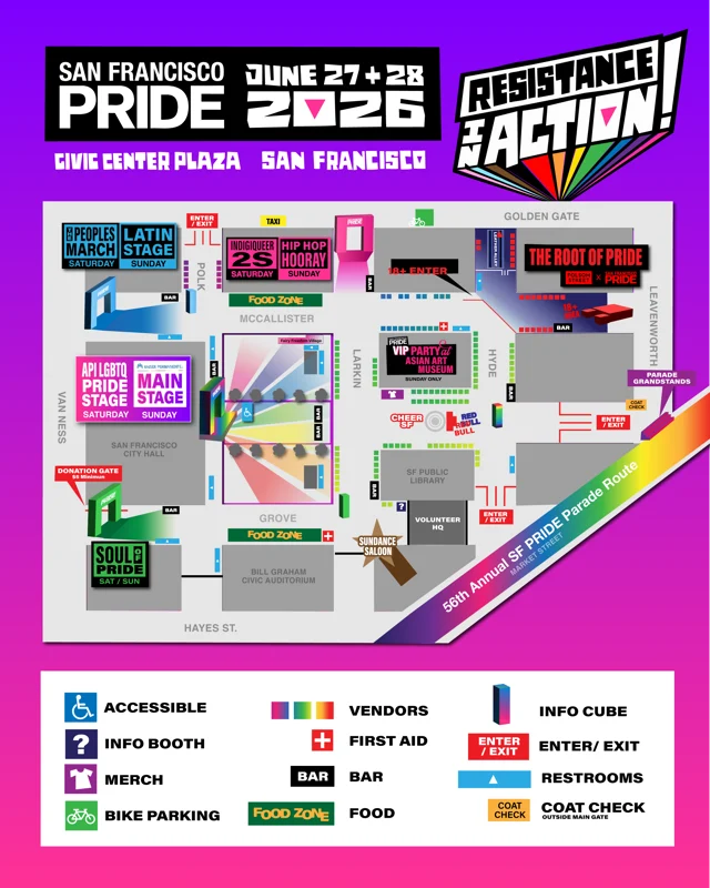 SF Pride 2026 celebration map showing Civic Center Plaza, Market Street parade route, and stage locations around the plaza
