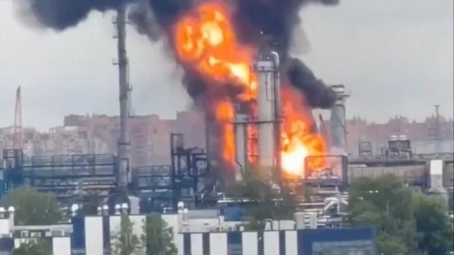 Flames and smoke at a Moscow oil refinery