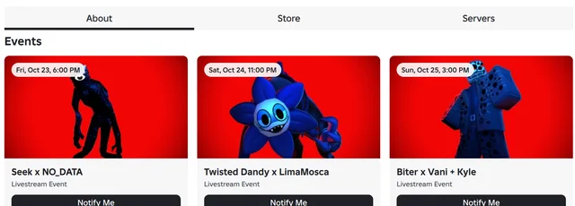 A screenshot of The Hollow's Events rail with three cards: Seek with NO_DATA dated Fri, Oct 23, 6:00 PM; Twisted Dandy with LimaMosca dated Sat, Oct 24, 11:00 PM; and Biter with Vani and Kyle dated Sun, Oct 25, 3:00 PM, each marked Livestream Event