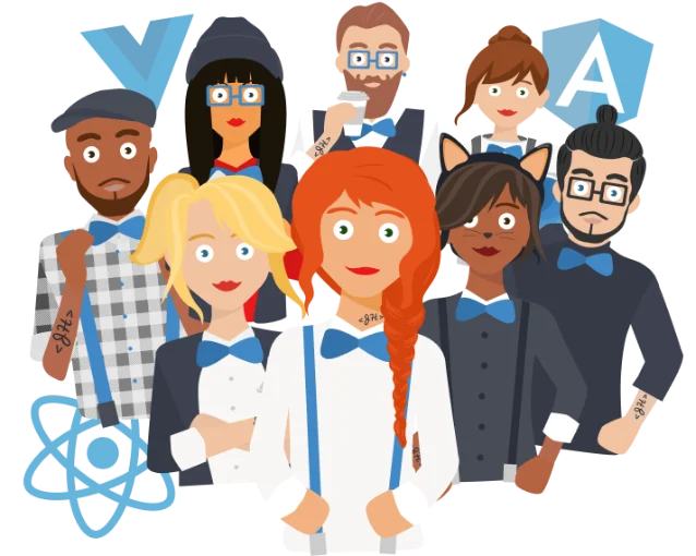 JHipster mascot illustration showing eight cartoon characters with tech logos