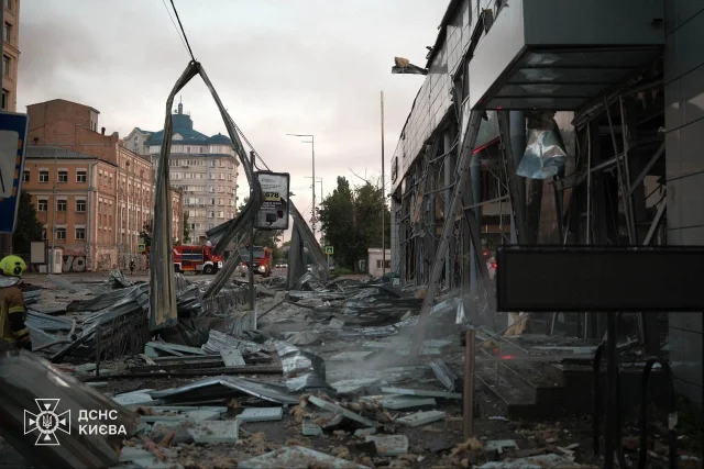 Aftermath of the June 2 Russian attack on Kyiv, with a destroyed building in the Podilskyi district