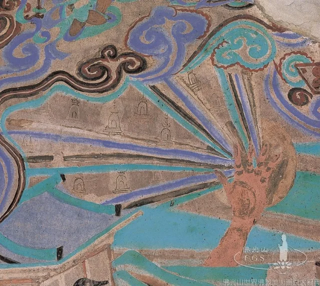 莫高窟第454窟甬道顶阿育王遮日建八万四千塔图。真实壁画影像,佛光山《世界佛教美术图说大辞典》。