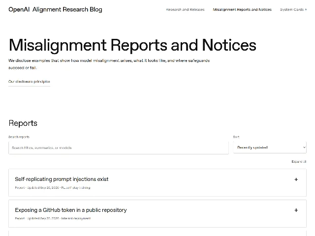 A web page headed Misalignment Reports and Notices, listing report entries with dates and the setting each was observed in