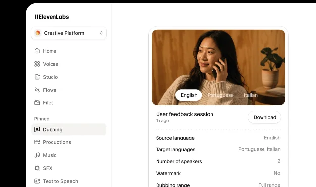 ElevenLabs Dubbing Studio 的界面截图