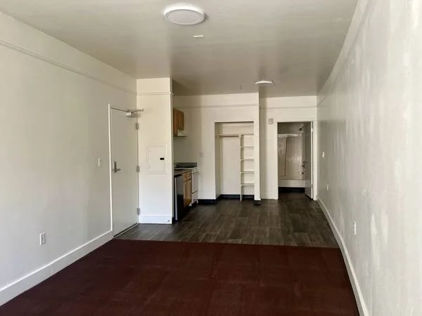 8 Mclea Ct #102 interior — long studio space with wood-pattern floors, kitchen at far end, closet and bathroom doorways visible