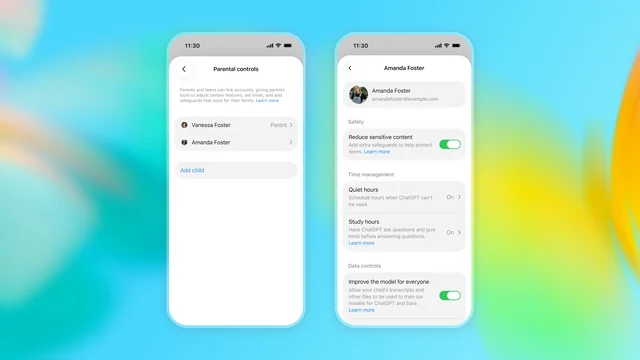 Two official ChatGPT parental-control screens showing a linked teen account and settings for safety, quiet hours, study hours, and model training
