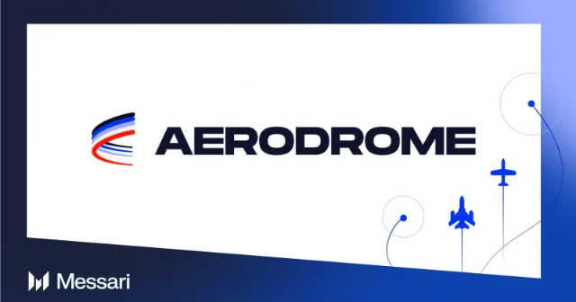 Aerodrome Finance brand illustration from Messari, showing the Aerodrome logo with jet aircraft iconography on a blue background