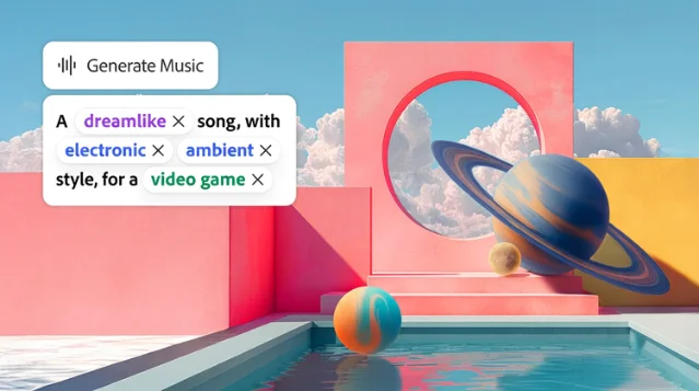 Firefly’s Generate Music interface pairs a dreamlike electronic prompt with a visual scene.