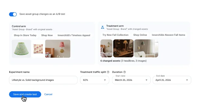 Google Ads 素材组 A/B 测试界面,展示原素材、变更素材、流量分配和实验日期