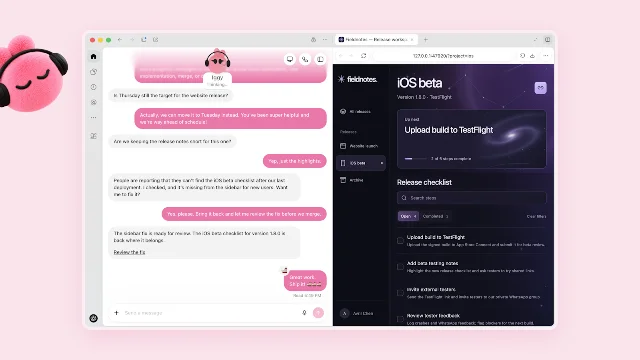OpenAI 官方发布会上的 Dots 产品示意:粉色 dot「Iggy」盯着用户反馈里反复出现的问题,自己定位、修改、跑测试,最后交回一个带演示视频的完整合并请求