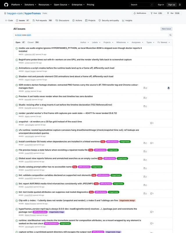 heygen-com/hyperframes 的 issue 列表页