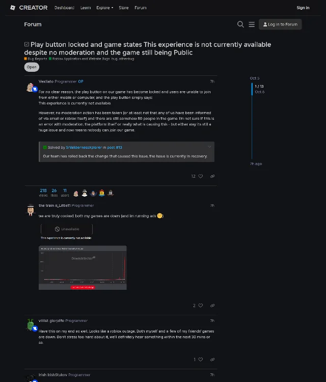 Roblox Developer Forum topic on locked play buttons, marked Open, showing the first post, the staff reply marked as the thread's solution, and a reply carrying a greyed-out Unavailable button and a DownDetector spike