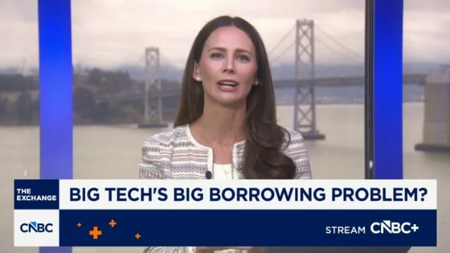 CNBC 节目画面显示「Big Tech's Big Borrowing Problem」