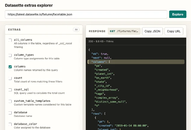 Datasette extras explorer showing 30 checkable parameters on the left and the resulting JSON API response on the right