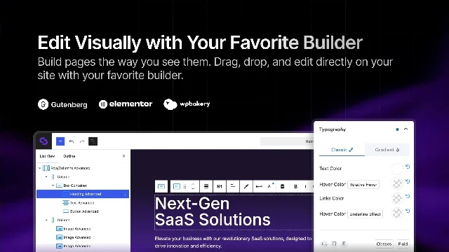 Kalium's deal-page panel showing the page builders it supports beside its typography controls