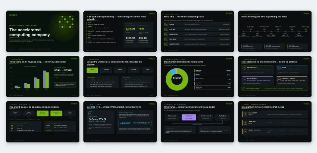 slide-maker 的公开渲染预览:NVIDIA 主题的可编辑演示文稿模板画廊。