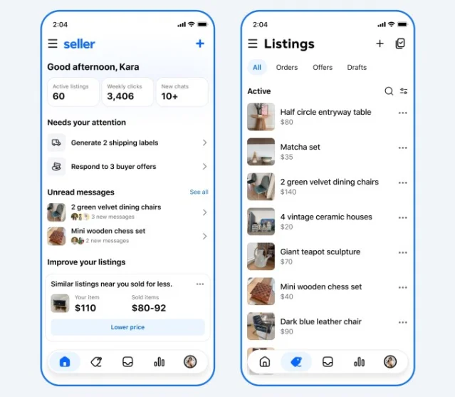 Facebook Seller app screens for listings and seller tasks