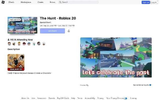 Roblox's special-event listing for The Hunt - Roblox 20 on the morning of 27 September 2026, showing 110.1K attending now